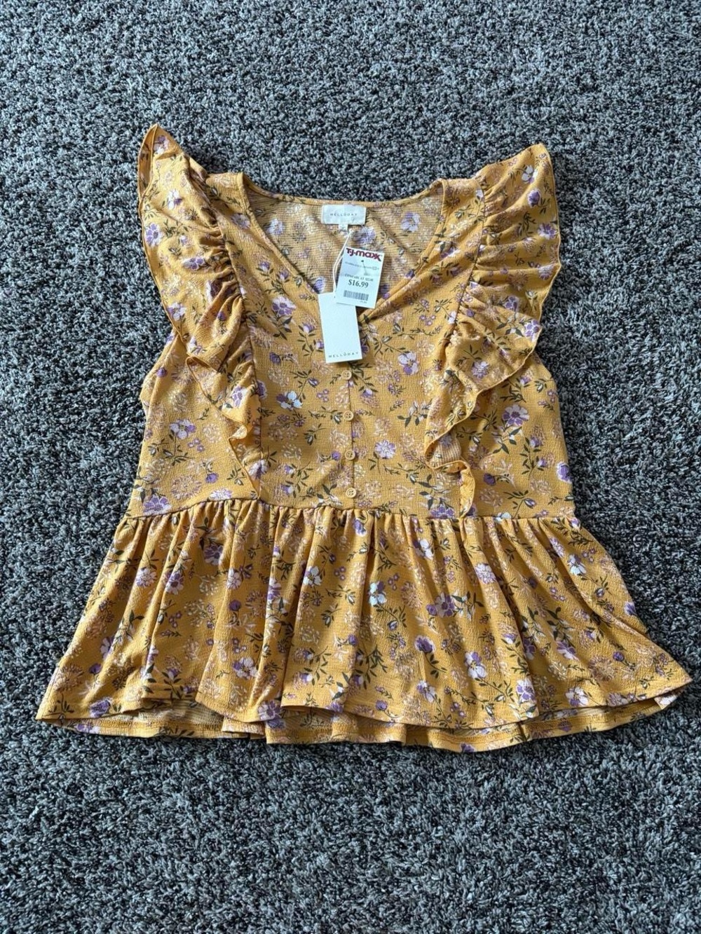 MELLODAY Mustard Yellow Floral Ruffle Peplum Top